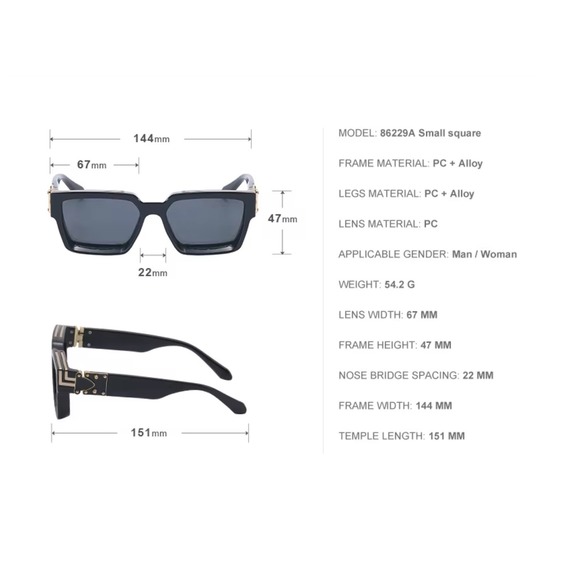 Square Sunglasses Black Frame Gold Accent Designer Style Fashion Shades Luxury - Picture 8 of 9